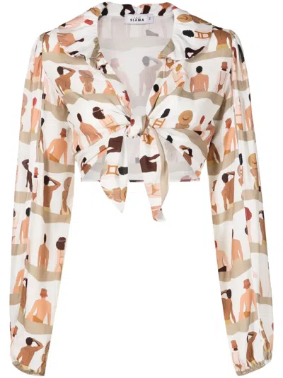 Amir Slama Graphic-print Cropped Blouse In Neutrals