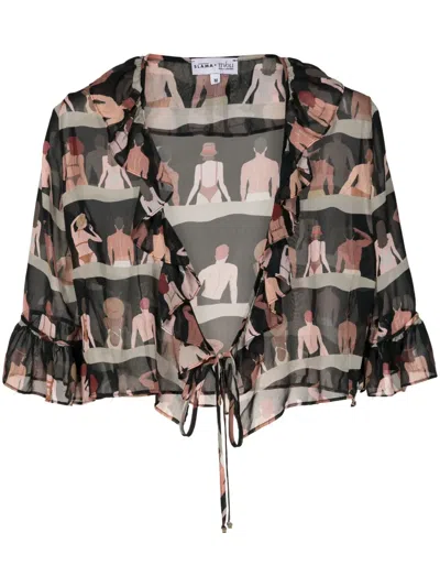 Amir Slama Graphic-print Cropped Silk Blouse In Black