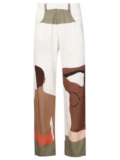 Amir Slama Graphic-print Linen-blend Trousers In Neutrals