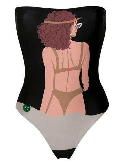 Amir Slama Graphic-print Strapless Swimsuit In Black