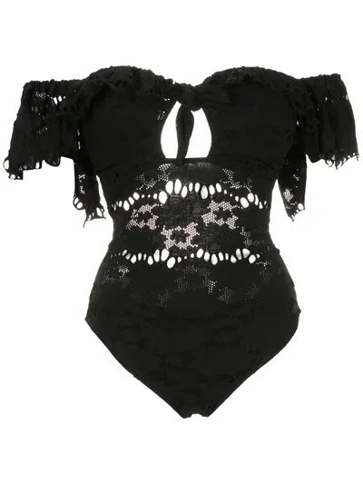 Amir Slama Off-shoulder Floral Lace One Piece In Black