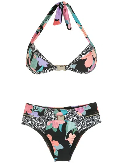 Amir Slama Print Hibiscus Bikini Set In Black