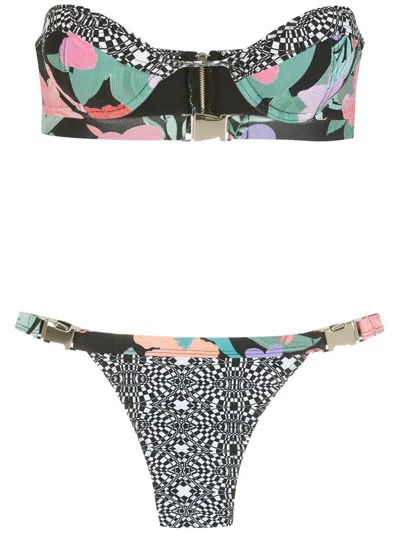 Amir Slama Print Hibiscus Gemétrico Bikini Set In Black