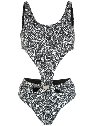 Amir Slama Print Hibiscus Swimsuit In Black