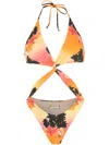 Amir Slama Print Ilha De Hibiscus Swimsuit In Orange