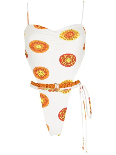 Amir Slama Print Sol High-leg Swimsuit In White