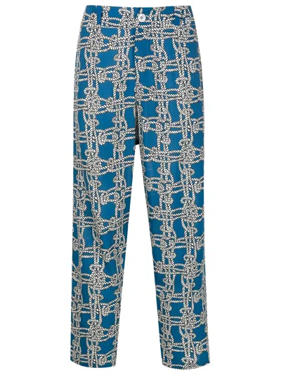 Amir Slama Rope-print Linen-blend Trousers In Blue