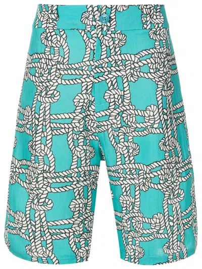 Amir Slama Nautical Knot-print Linen-blend Shorts In Blue