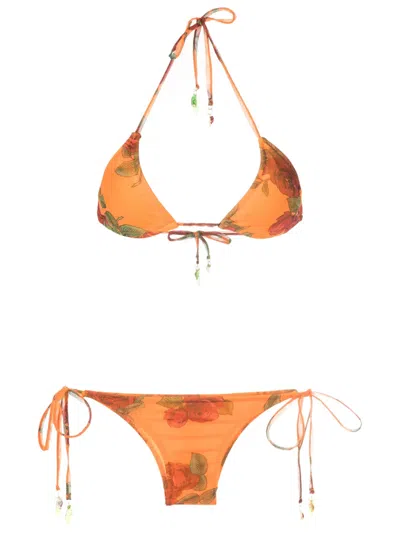 Amir Slama Rose-pattern Bikini Set In Orange
