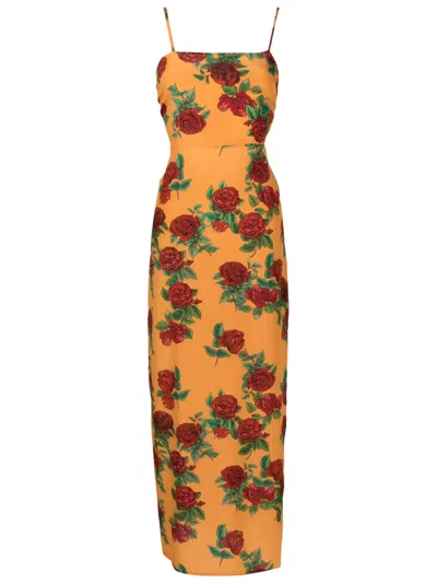 Amir Slama Midikleid Aus Seide Mit Rosenmuster In Orange
