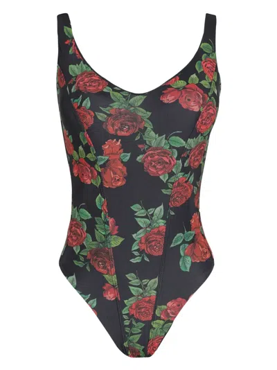 Amir Slama Rose-print Swimsuit In Black