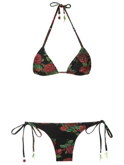 Amir Slama Rose-print Triangle Bikini In Black