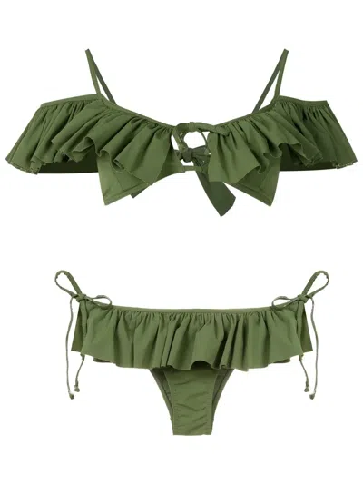 Amir Slama Ruffle-detail Cold-shoulder Bikini In Green
