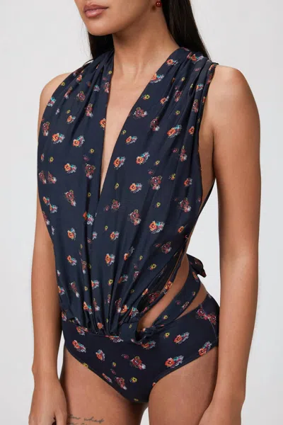 Amir Slama Scarf One Piece In Floral Bouquet In Blue