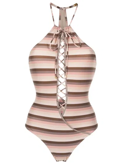 Amir Slama Striped Lace-up Swimsuit In Neutrals