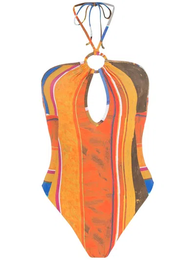 Amir Slama Striped Print Eco High-leg Swimsuit In Orange