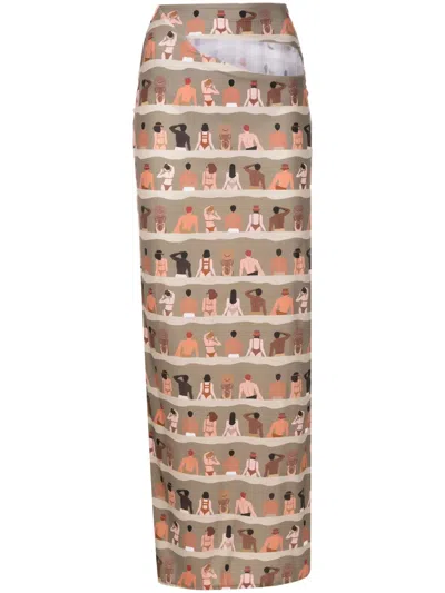 Amir Slama Swimmer-print Cut-out Maxi Skirt In Green