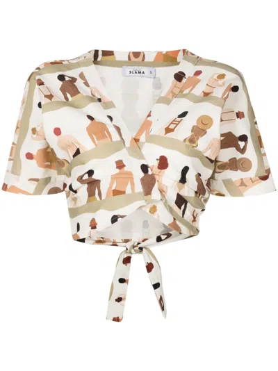 Amir Slama Swimmer-print Wrap-front Cotton Shirt In Neutrals