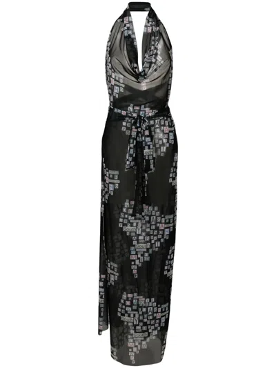 Amir Slama Text-print Sheer Wrap Dress In Black