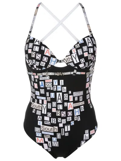 Amir Slama Text-print Swimsuit In Black