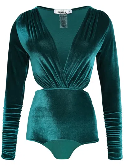 Amir Slama V-neck Velvet Bodysuit In Green