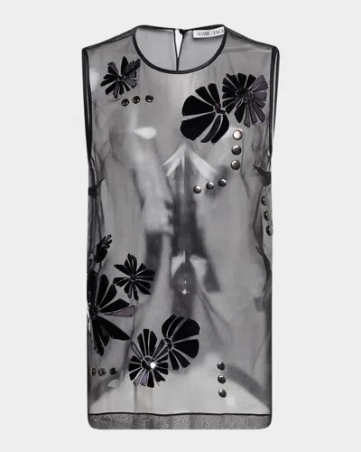Amir Taghi Sima Floral Embroidered Sheer Silk Tank Top