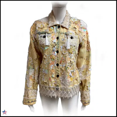 Pre-owned Amira Di Transilvania Luxury Fashion Brand Italian Woman Spring Jacket Embrioidered Sequins Beads Lace In Yellow