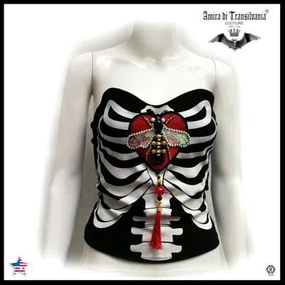 Pre-owned Amira Di Transilvania Women Clothing Top Summer Elegant Luxury Original Embroidered Skeleton Bones Bee In Black