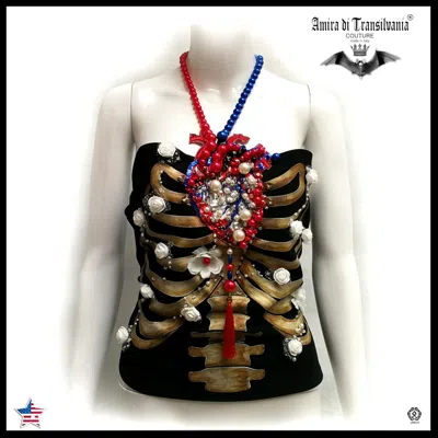 Pre-owned Amira Di Transilvania Women Clothing Top Summer Gothic Luxury Embroidered Skeleton Heart Roses Flowers In Black