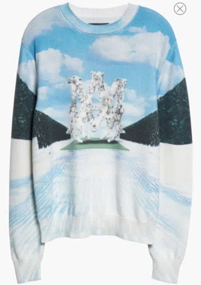 Pre-owned Amiri $1298 Runway Print Cashmere Crewneck Sweater Large In Blue