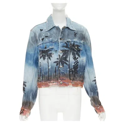 Pre-owned Amiri 2017 Palm Tree Sunset Airbrush Blue Distressed Denim Trucker Jacket Xs