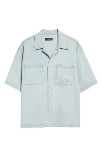 Amiri 3d Logo Short Sleeve Snap-up Denim Shirt In Blue