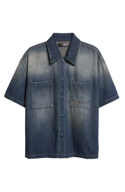 Amiri 3d Logo Short Sleeve Snap-up Denim Shirt In Blue