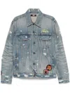 Amiri Vintage Pegasus Embellished Distressed Paint-splattered Denim Trucker Jacket In Blue