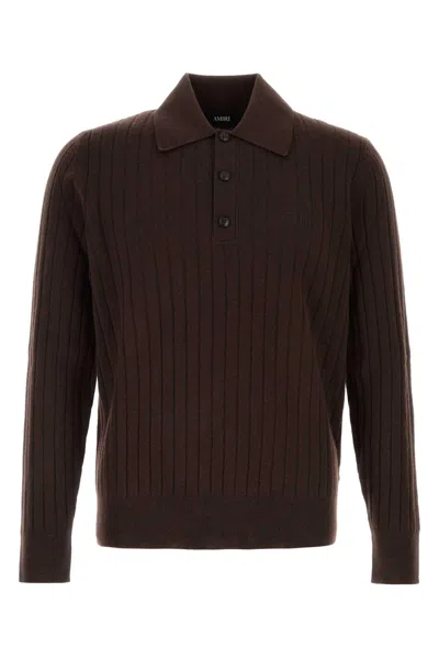 Amiri Ribbed-knit Long-sleeve Polo Shirt In Brown