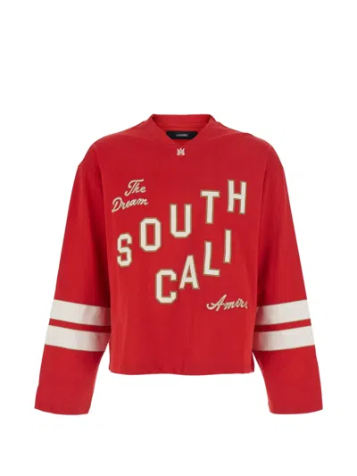 Amiri Mens Ruby South Cali Flock Cotton-jersey Football T-shirt In Red