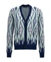 Amiri Argyle Mohair Blend Knit Cardigan In Blue