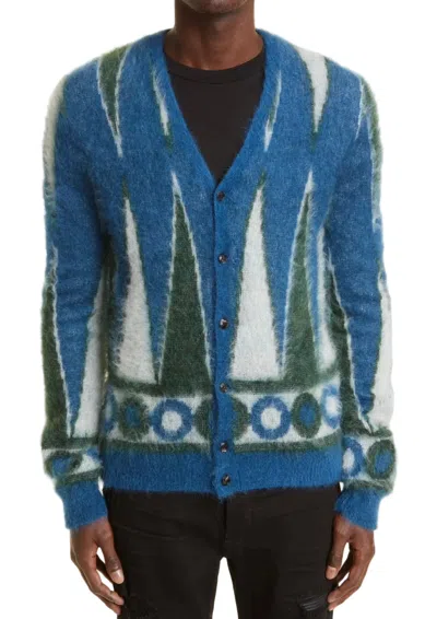 Amiri Backgammon Brushed Cardigan- Green / White In Blue