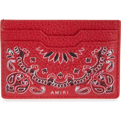 Amiri Bandana Embroidered Leather Card Case In Red