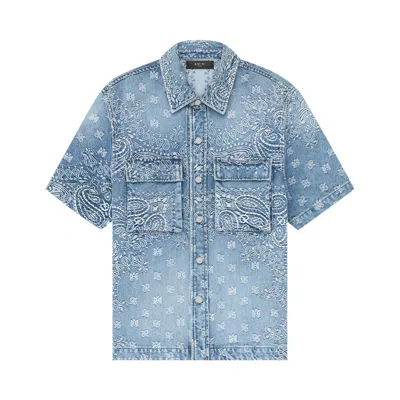 Pre-owned Amiri Bandana Jacquard Snap Short-sleeve Shirt 'perfect Indigo' | Blue | Men's Size Xl