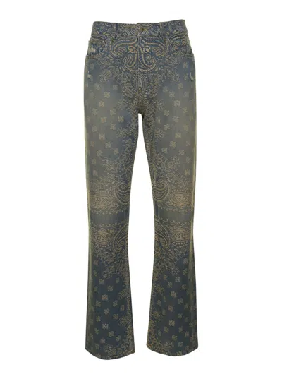 AMIRI BLUE AND BROWN JEANS BANDANA JACQUARD IN DENIM MAN