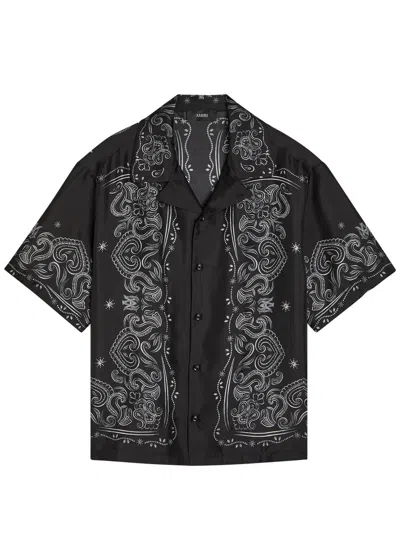 Amiri Men Black Shirt With Cuban Collar And All-over Bandana Print In Silk Man In Multi