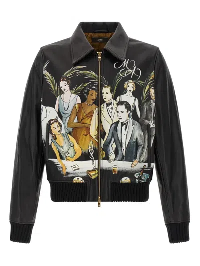 Amiri Graphic Print Leather Jacket With Collared Neck In Multi