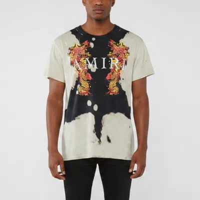 Pre-owned Amiri Beige/black Watercolor Dragon Distressed Jersey T-shirt M In Sand