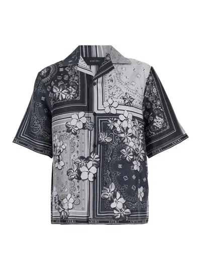 Amiri Black And White Bowling Shirt With Floral Bandana Print In Silk Man In Multicolor