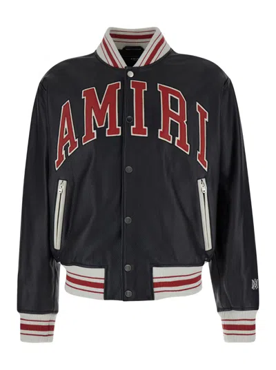 Amiri Black Bomber Jacket With Logo Patch In Leather Man
