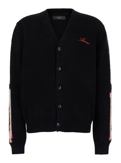Amiri Black Cardigan With Bones Motif And Logo In Cotton Man