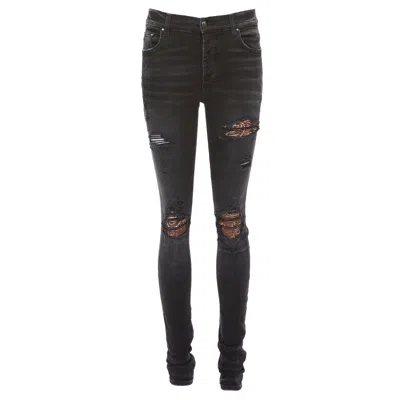 Pre-owned Amiri Black Charcoal Distressed Brown Pleated Inserts Washed Skinny Jeans 31"