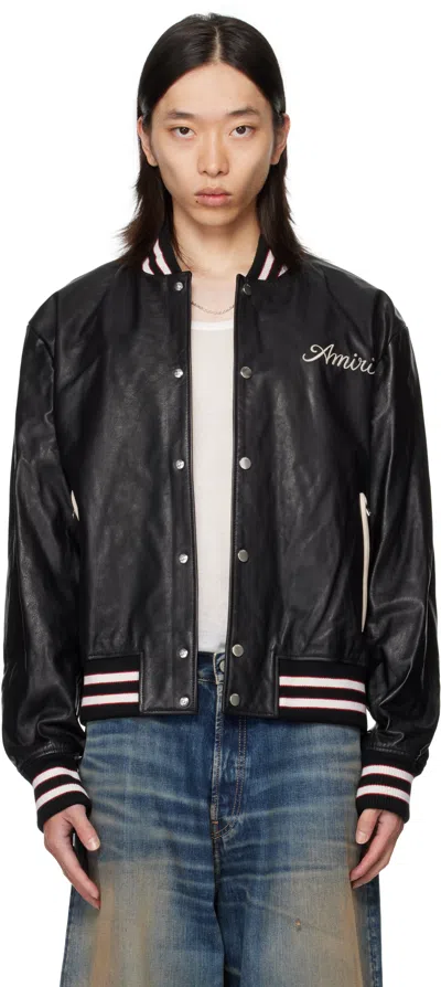 AMIRI BLACK 'CLUB AMIRI' LEATHER VARSITY JACKET
