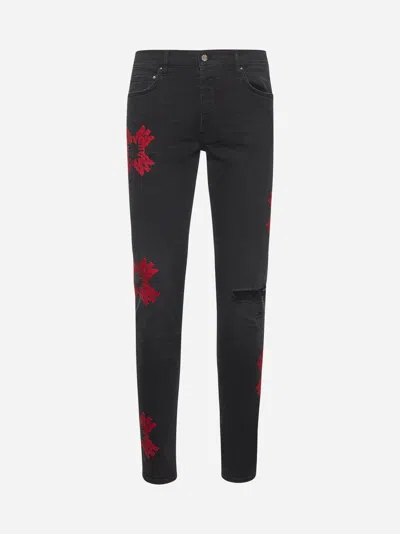 AMIRI BLACK DENIM MA QUAD APPLIQUE SKINNY JEANS